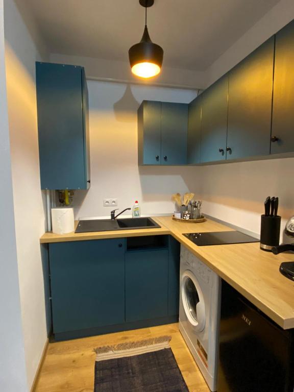 a kitchen with blue cabinets and a washing machine at Medias Cozy Studio in Mediaş