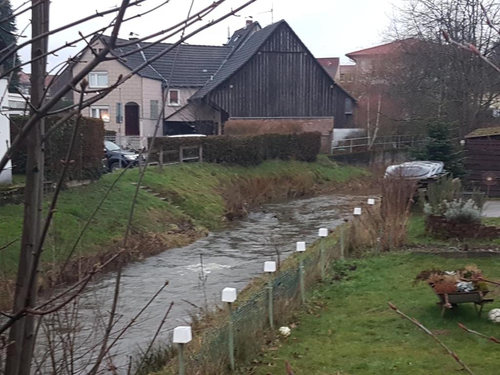 a stream in a yard with a fence and houses at Weschnitzstubb in Rimbach
