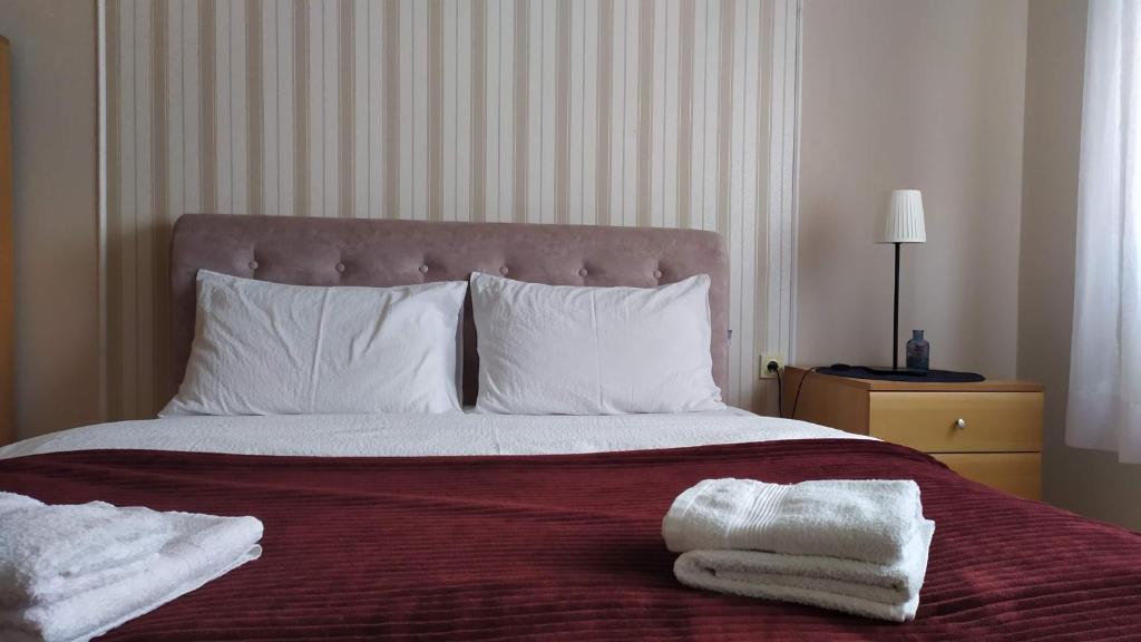 een slaapkamer met een bed met twee handdoeken erop bij Community Park Apartment in Niš