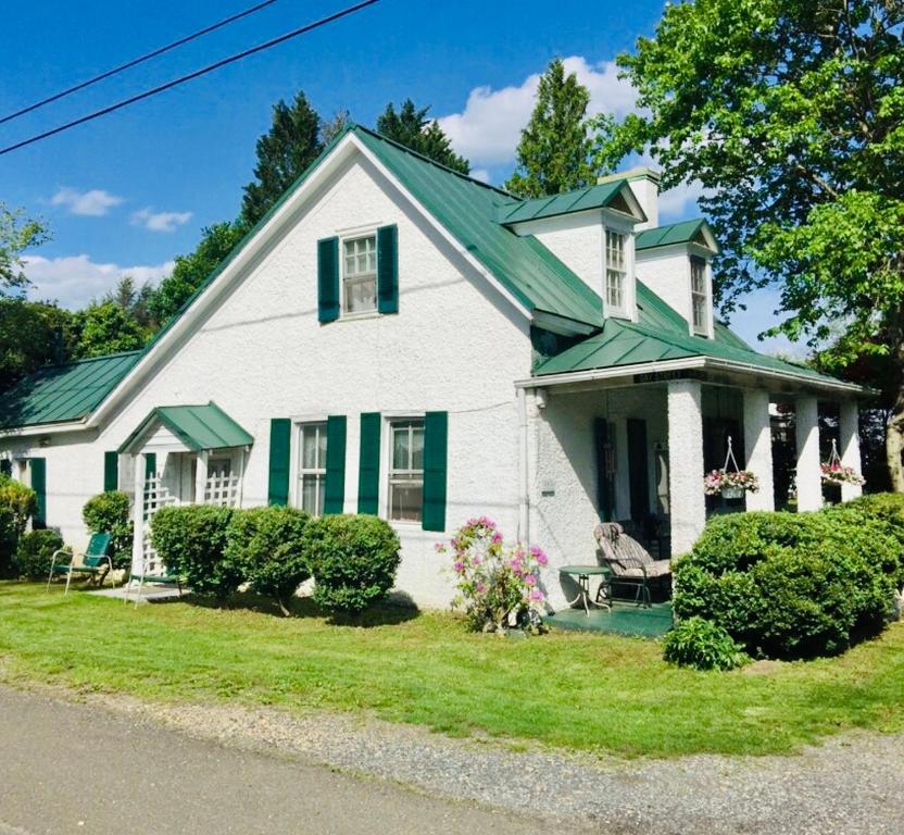 une maison blanche avec un toit vert dans l'établissement Across The INN Entire 3 bedrooms Colonial House with lovely porch and extremely fast Wi-Fi, à Washington, Virginia