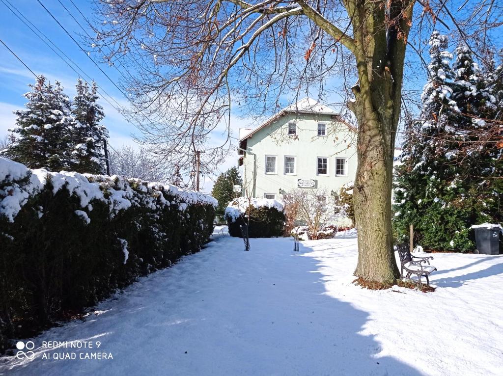 a person walking down a snow covered sidewalk in front of a house at Pension U Václava in Janov