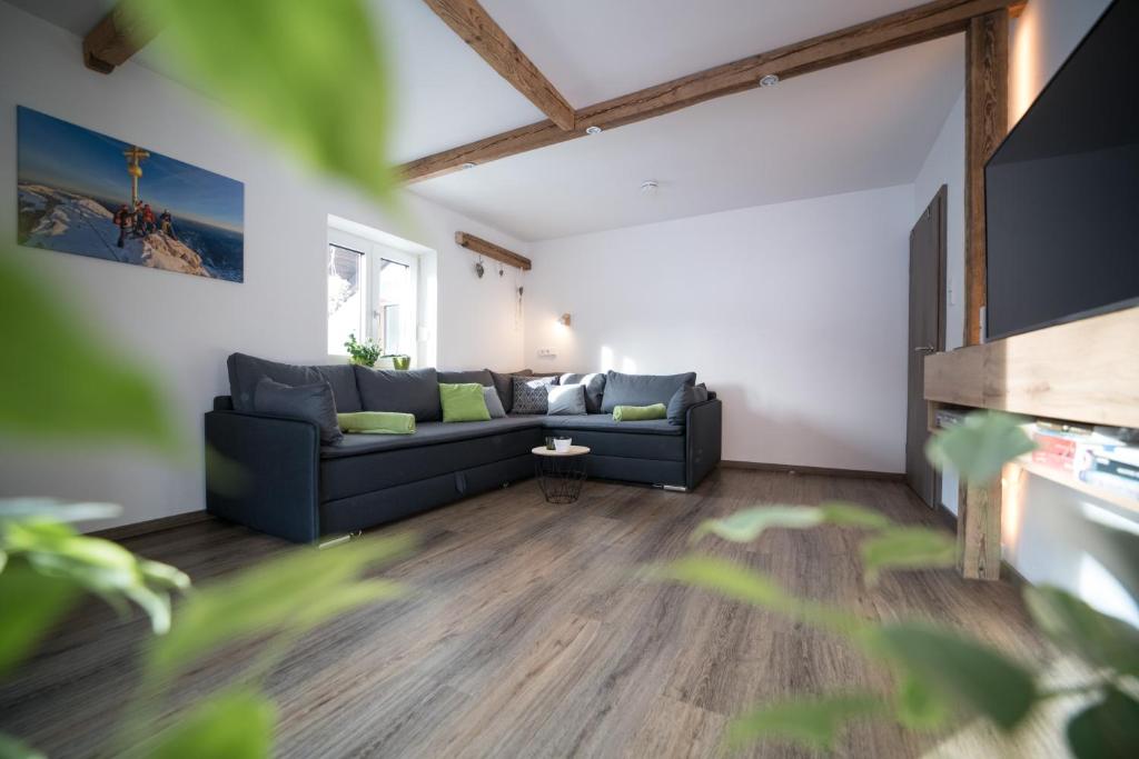 a living room with a couch and a tv at Ferienwohnung Zwölferkante in Grainau