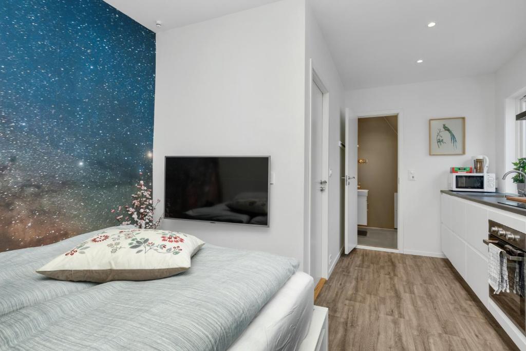 a bedroom with a bed with a starry sky at Central Studio Apartment Apt 102 in Stavanger