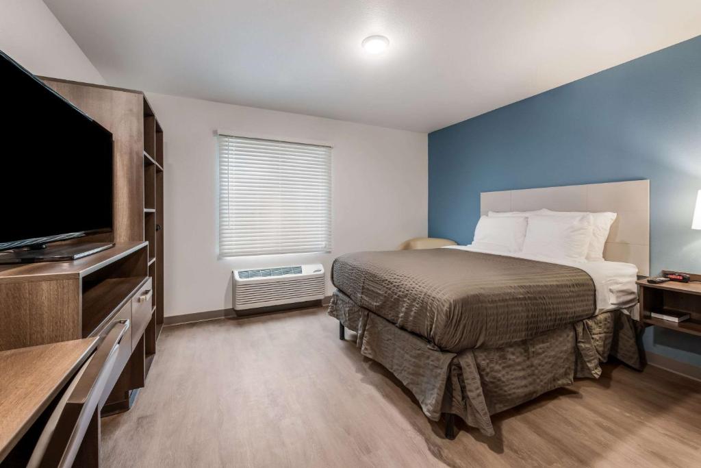 1 dormitorio con 1 cama y TV de pantalla plana en WoodSpring Suites Charlotte - University Research Park, en Charlotte