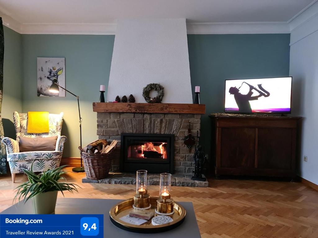 sala de estar con chimenea y TV en Au Pied Du Château, en Bouillon