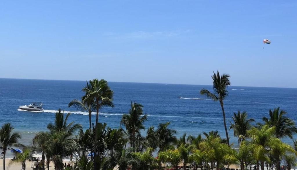 a boat in the ocean with palm trees on the beach at Vallarta Jr Suites in Puerto Vallarta