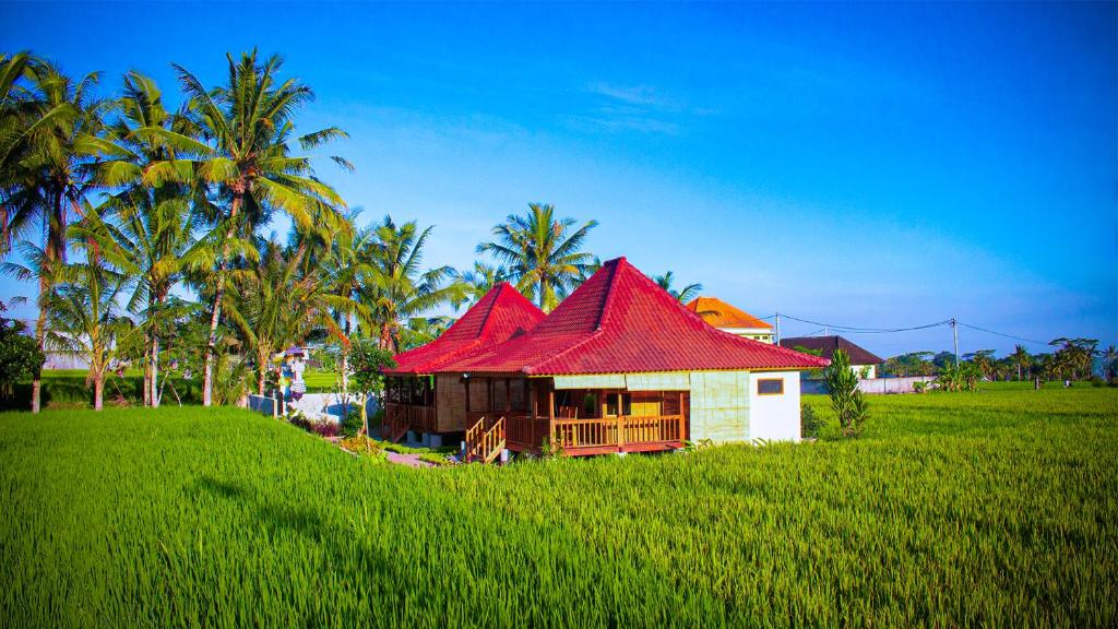 una pequeña casa con techo rojo en un campo en Umadesa Ubud, en Ubud