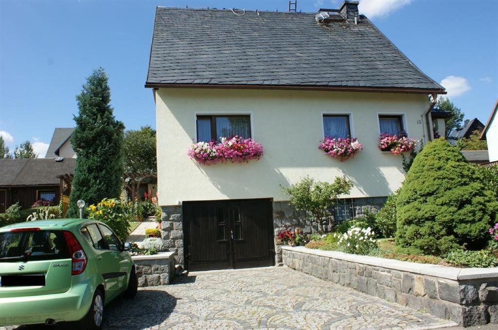 een groene auto geparkeerd voor een huis bij Ferienhaus Schelle in Kurort Altenberg