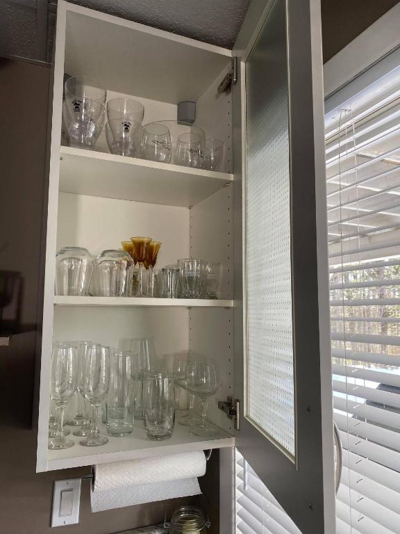 a cupboard filled with lots of empty glasses at Suite in the Bush-Private Apartment in Bancroft