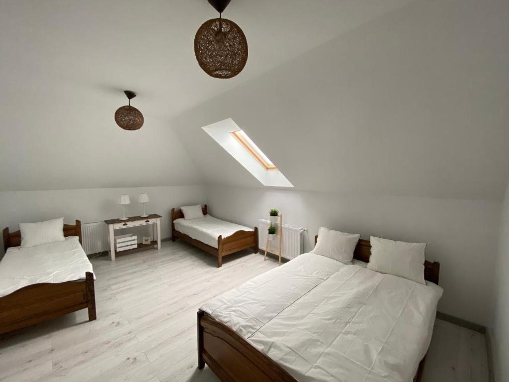 a bedroom with two beds and a skylight at Białowolskie Wzgórze in Zamość