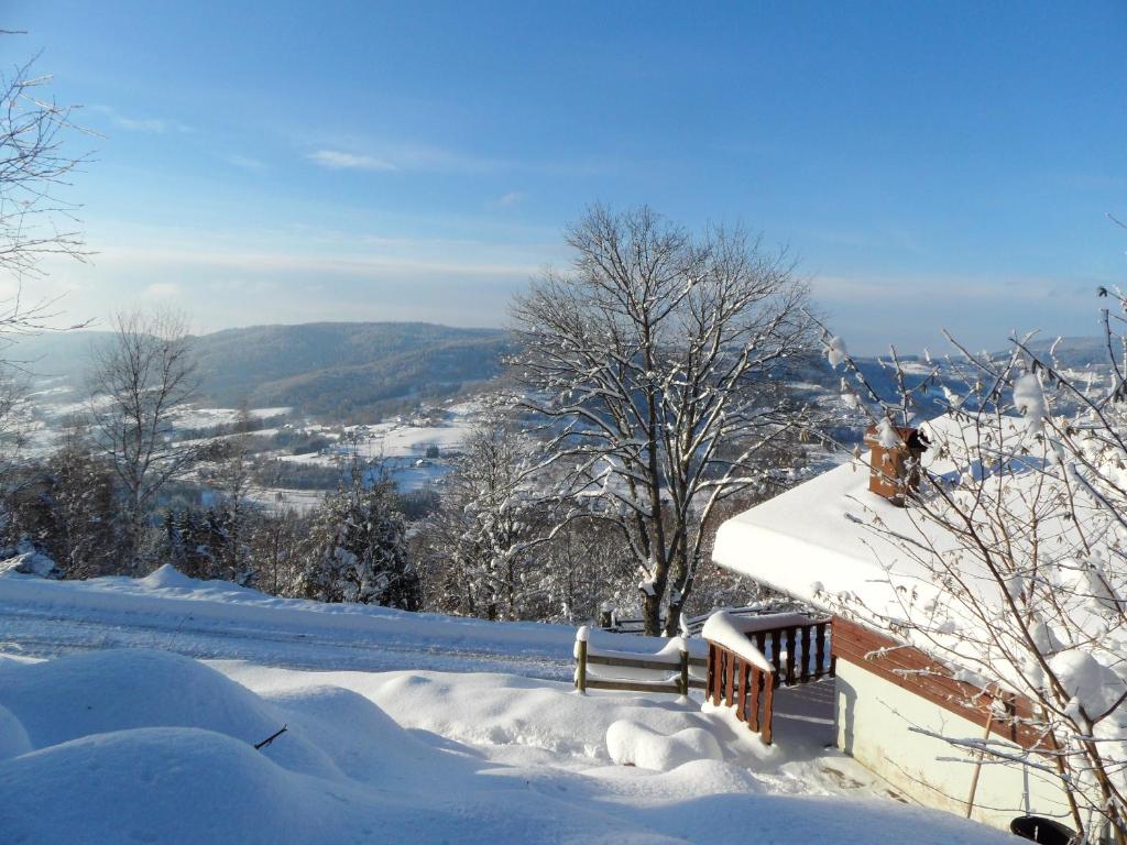 ル・トリーにあるChalet d'une chambre avec piscine partagee et jardin amenage a Le Tholyの雪に覆われた丘の上に座るベンチ