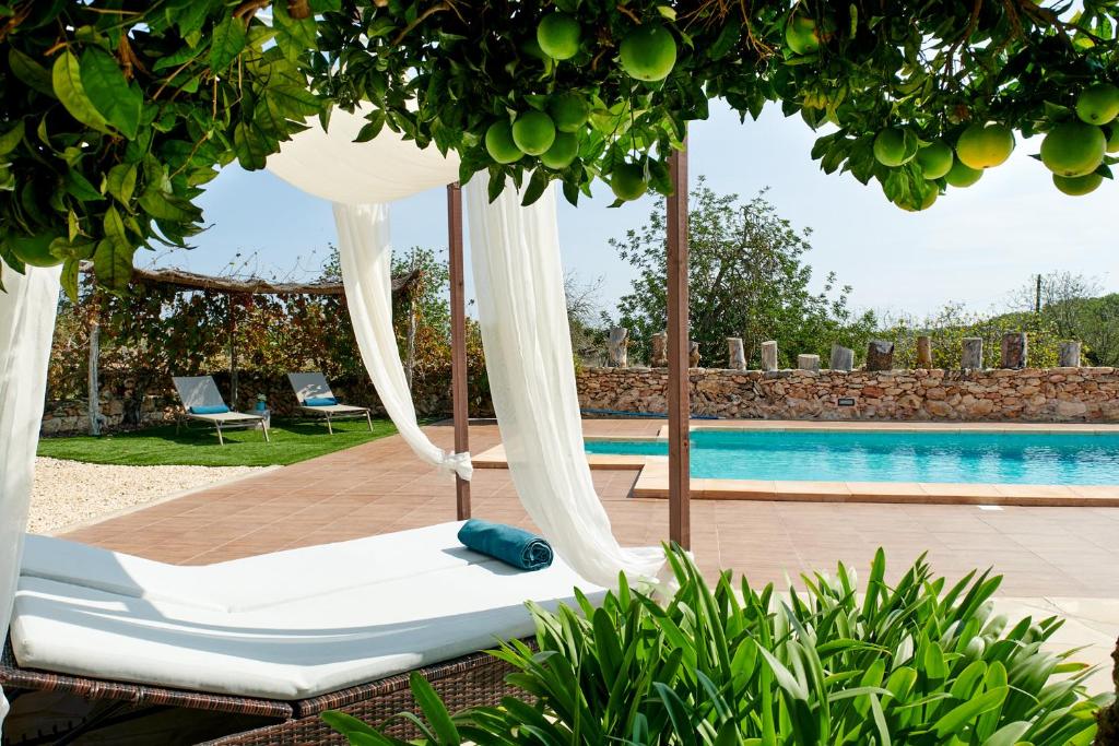 a swing in a garden with a swimming pool at Villa Sa Cuina in Sant Rafael de Sa Creu