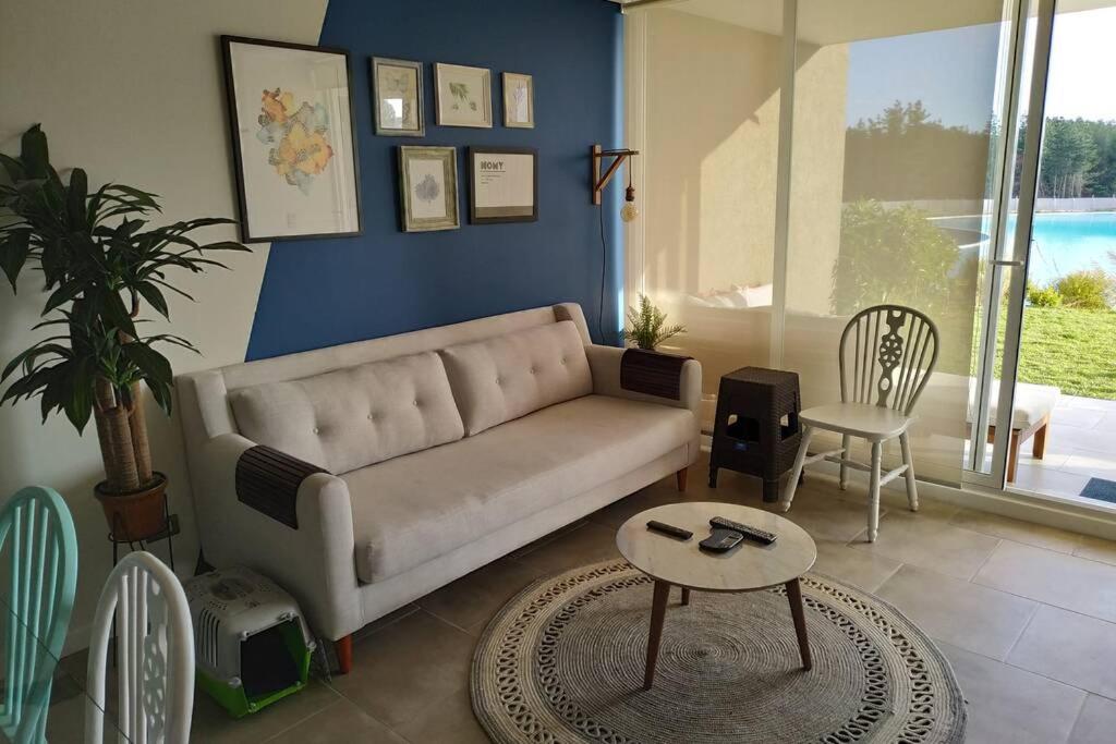 uma sala de estar com um sofá e uma mesa em Hermoso depto en Las Cruces con laguna artificial em Las Cruces