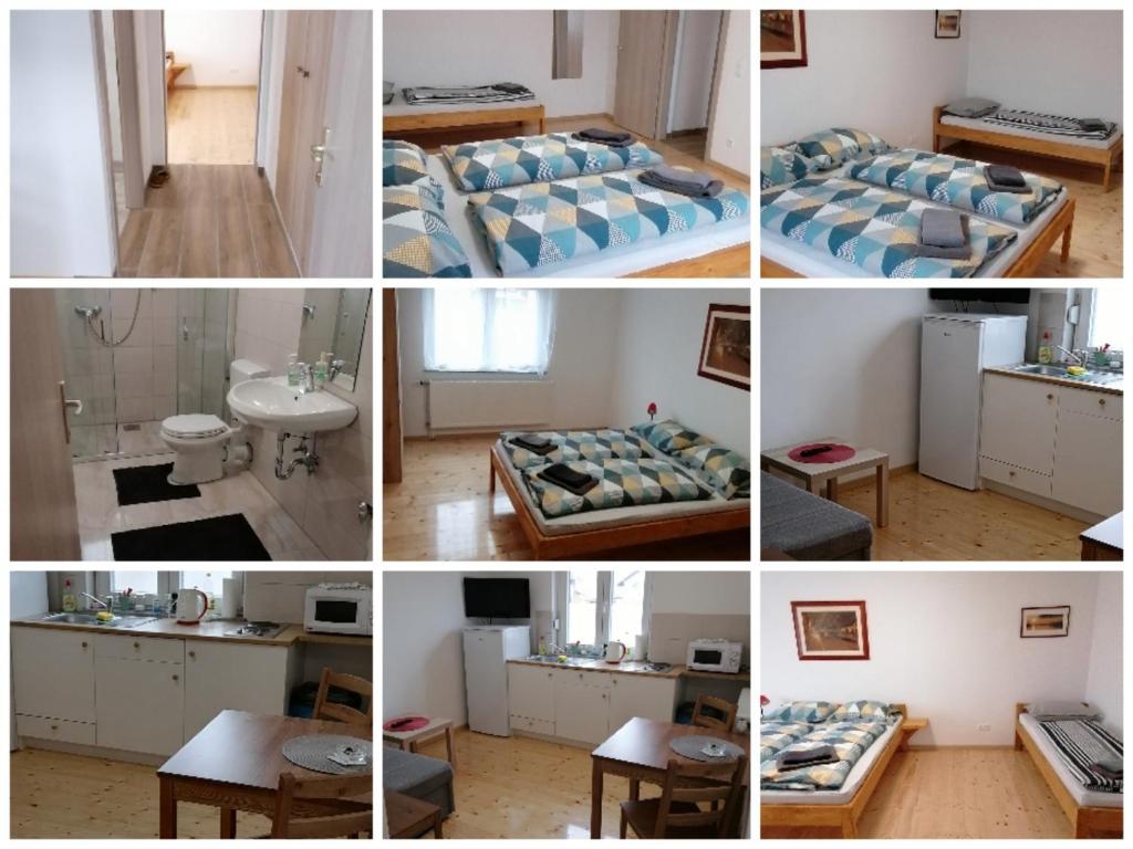 un collage de fotos de una habitación con camas y lavabo en martin1 en Slavonski Brod