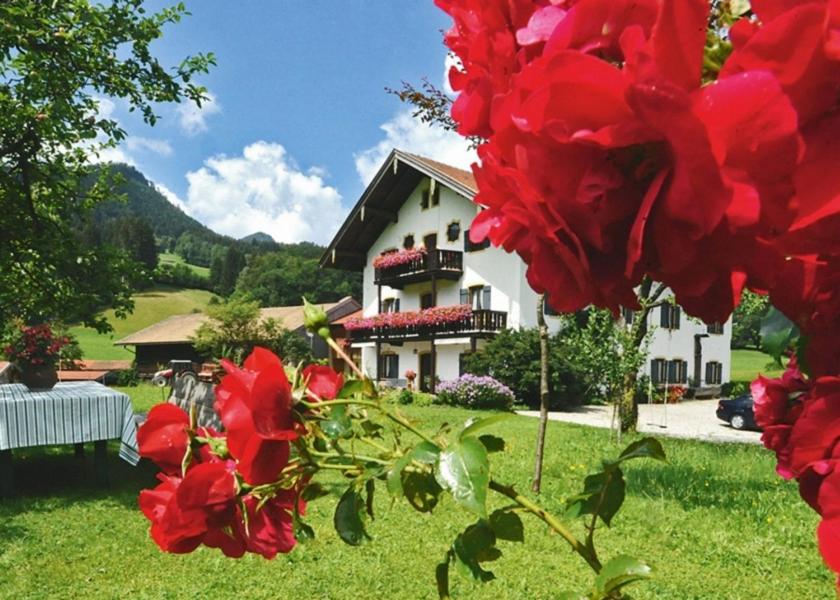 a white house with red flowers in front of it at Maiergschwendter-Hof in Ruhpolding