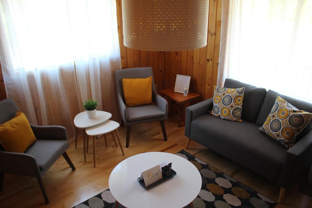 a living room with a couch and chairs and a table at 1 and Only Riverside Accommodations in Sable River