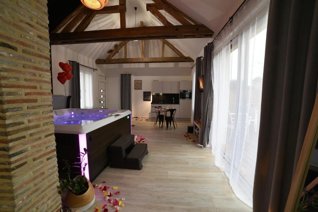 een grote badkamer met een bad in de kamer bij Eaudyssée maison avec SPA privée - Loiret in Ladon