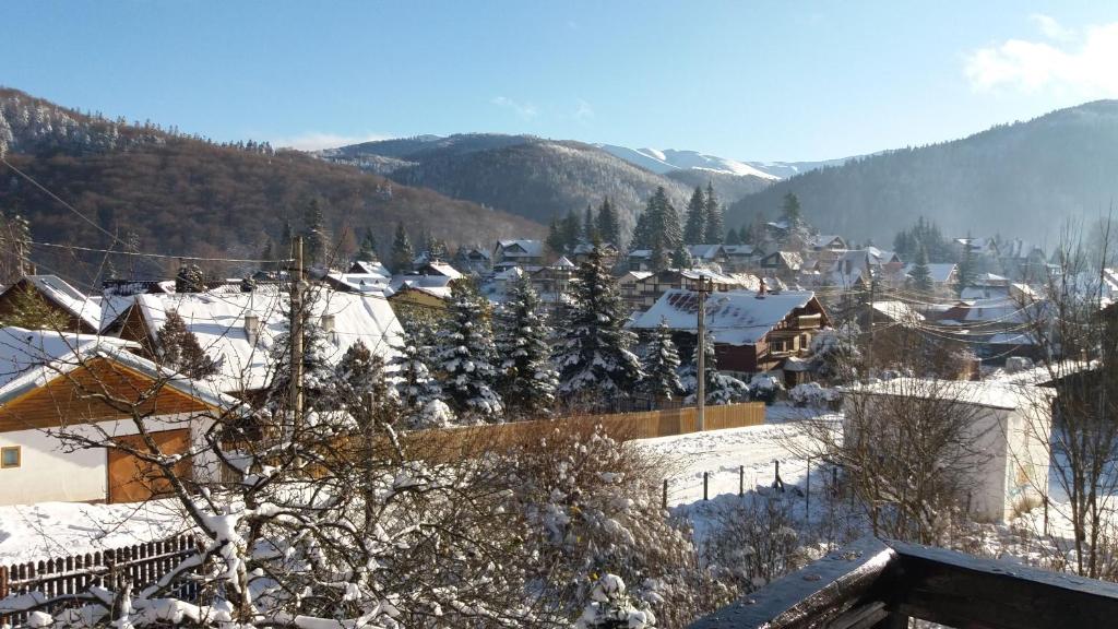 a village covered in snow with mountains in the background at Apartament La poteca ursului in Buşteni