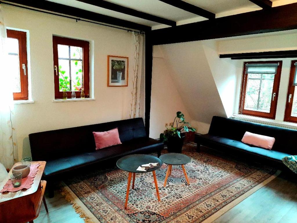 - un salon avec un canapé noir et une table dans l'établissement Lenzenhof anno 1720 II, à Schotten