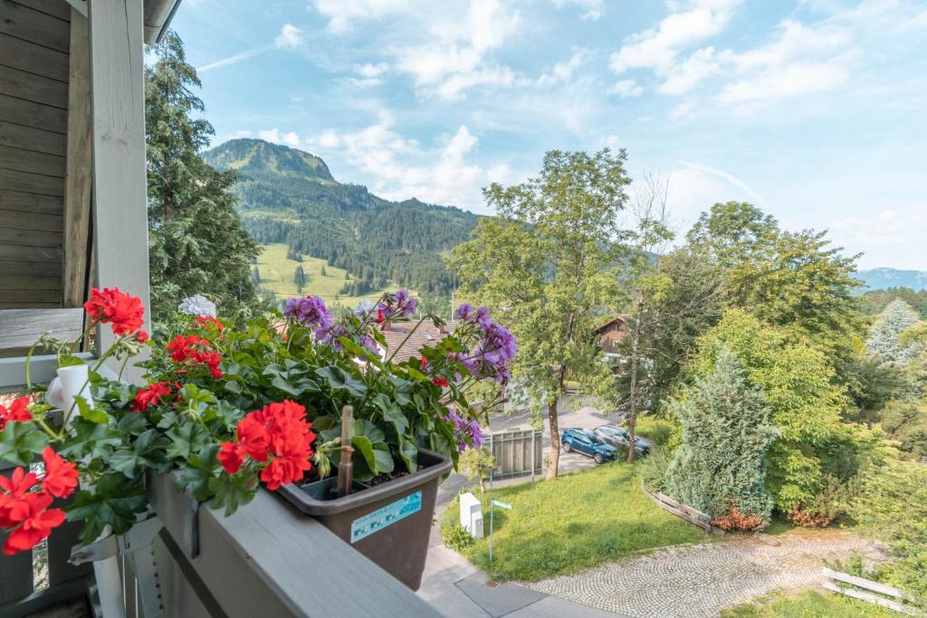 a balcony with flowers on a house at Almsonne in Bad Hindelang