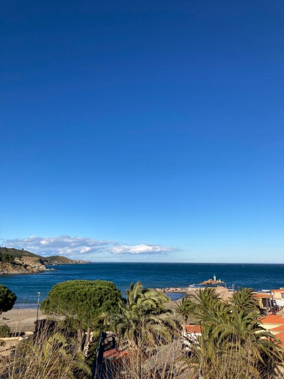 a view of the ocean from a beach with palm trees at Hotel Les Pecheurs in Banyuls-sur-Mer