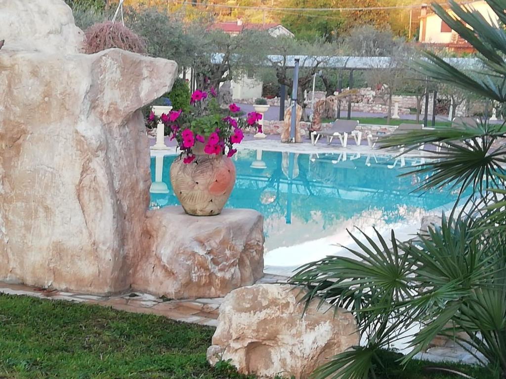 um vaso de flores sentado numa rocha ao lado de uma piscina em Residenza Nosy Be em Palombara Sabina