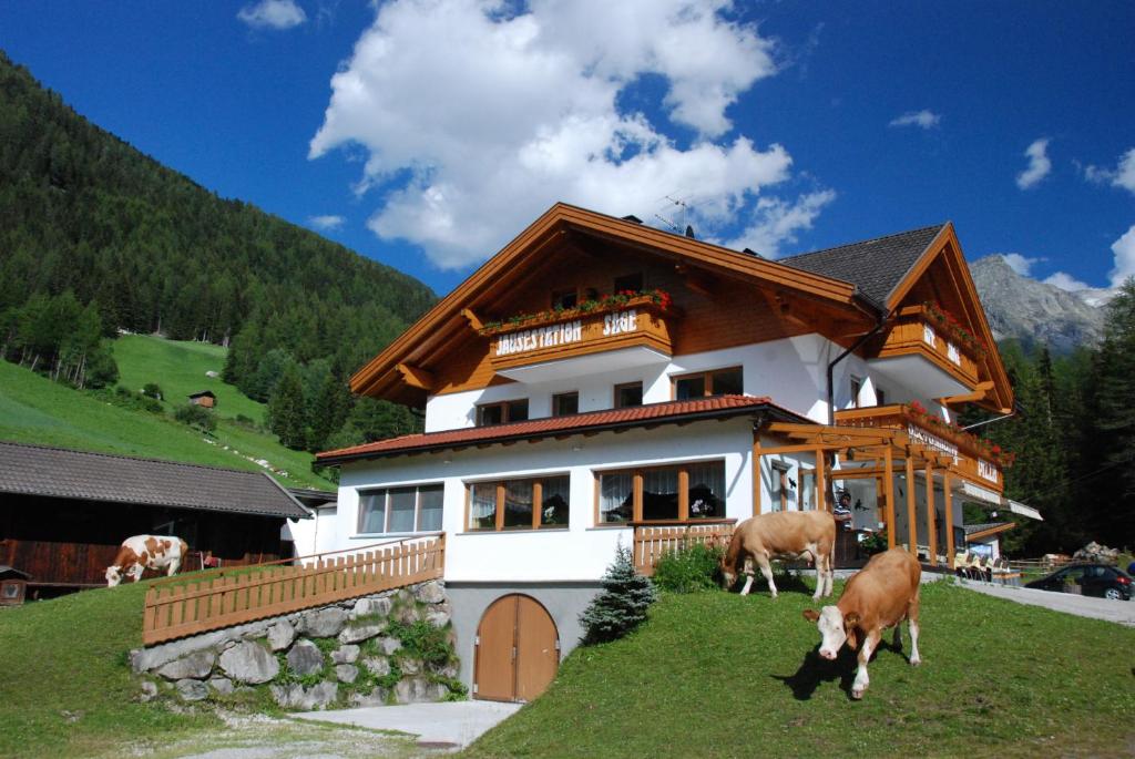 a house with two cows standing in front of it at Jausenstation Saege in Riva di Tures