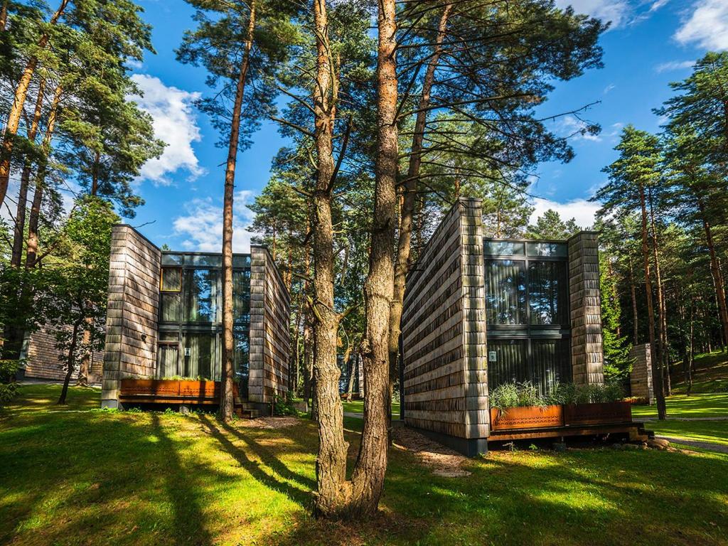 ein Haus im Wald mit einem Baum in der Unterkunft TonyResort in Trakai