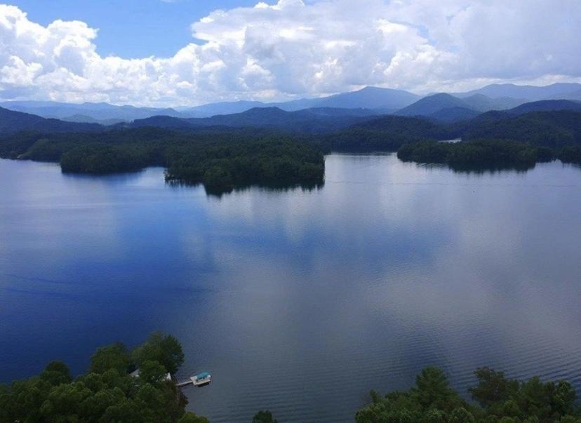 an aerial view of a lake with a boat on it at Bear's Mountaintop Home with Gorgeous Lake Views chalet in Santeetlah