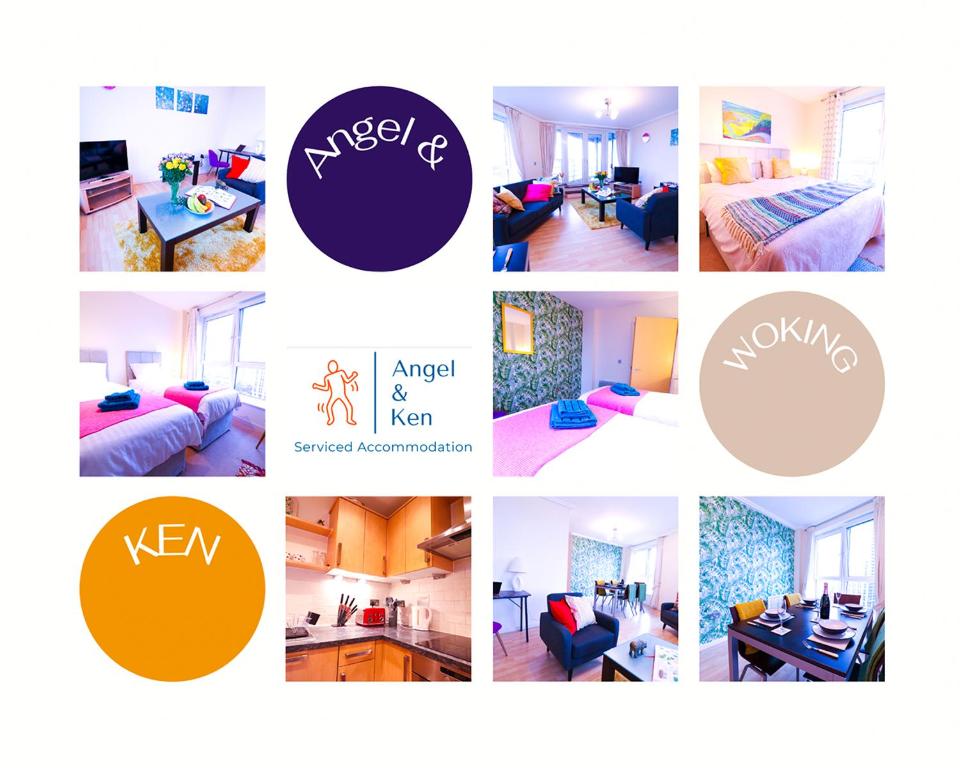 un collage de fotos de una habitación de hotel en GREAT VALUE, 2 Bedroom Penthouse Apt at Angel & Ken Serviced Accommodation Woking en Woking