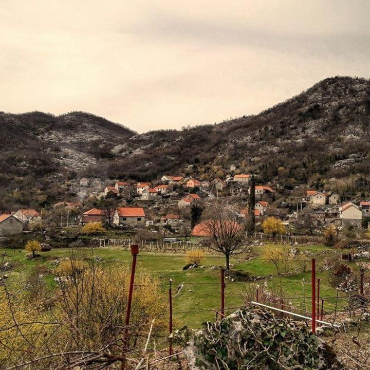 a town in a field with a mountain in the background at house on the hill in Cetinje