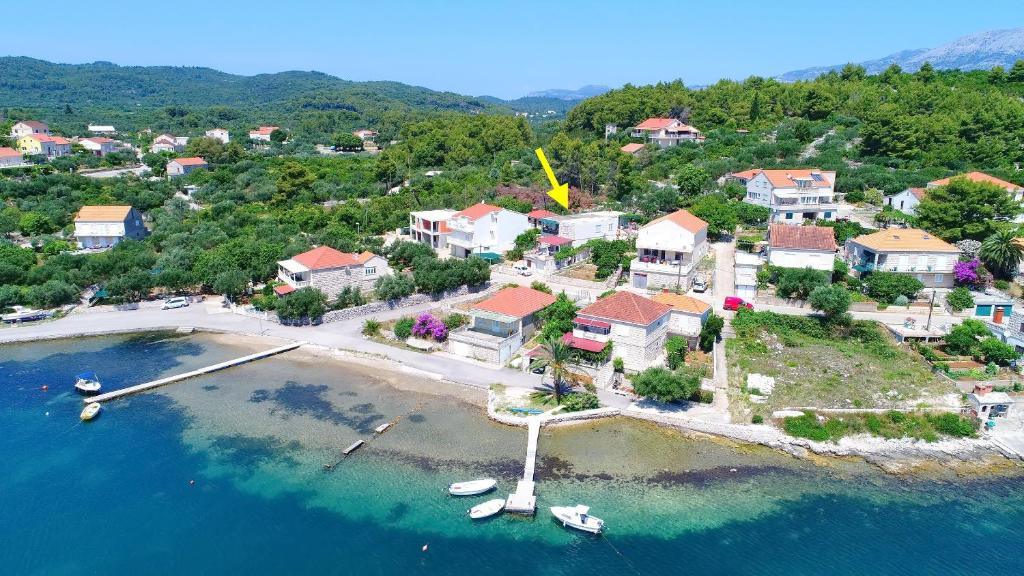 an aerial view of a small island in the water at Apartments Radojkovic in Lumbarda
