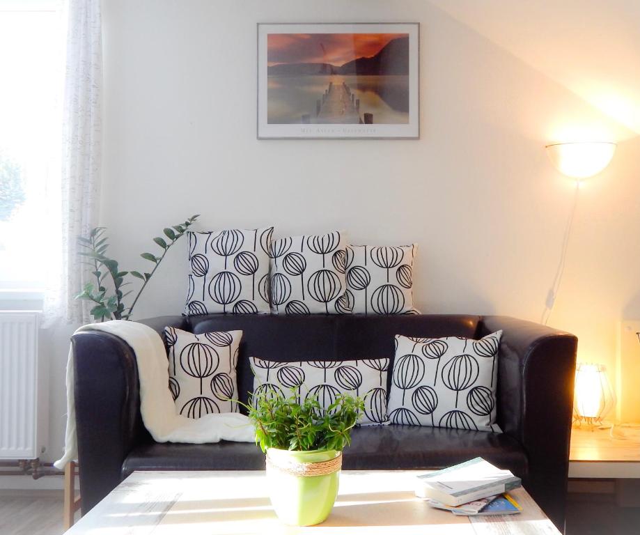 sala de estar con sofá de cuero negro con almohadas en Apartmán Castle view, en Český Krumlov