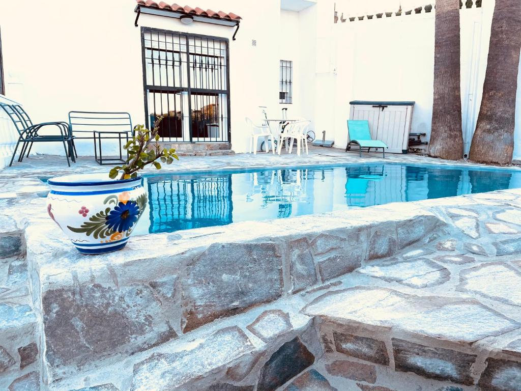 a swimming pool with a vase sitting next to it at Exclusive New Apartment in Benalmádena