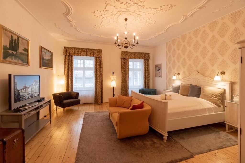 a bedroom with a bed and a couch and a tv at Lovely Flat in a Lovely City in Steyr