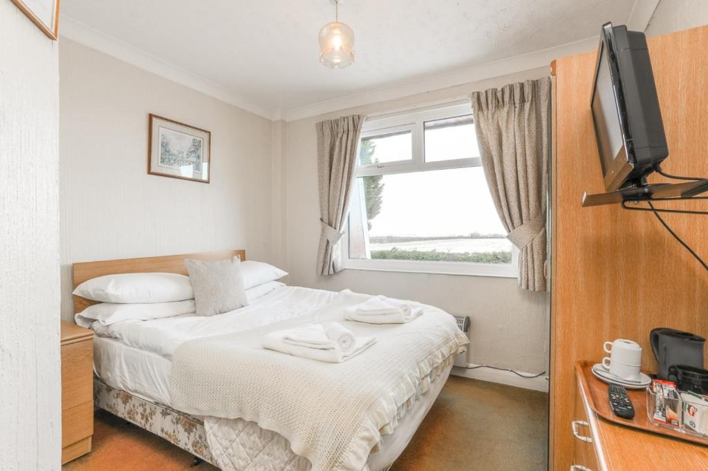 Schlafzimmer mit einem Bett, einem TV und einem Fenster in der Unterkunft The Amethyst Hotel in Immingham