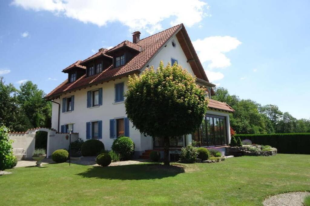 een groot wit huis met een boom in de tuin bij Romantische Ferienwohnung mit Nähe zum See in Oberteuringen