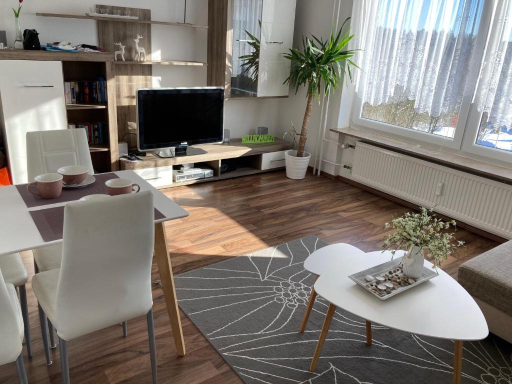 sala de estar con TV, mesa y sillas en Apartment Johanna, en Braunlage