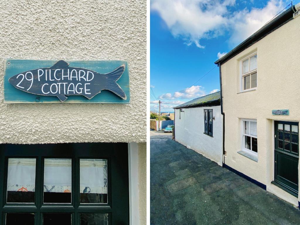 twee foto's van een gebouw met een bord voor een koffiehuis bij Pilchard Cottage in Brixham