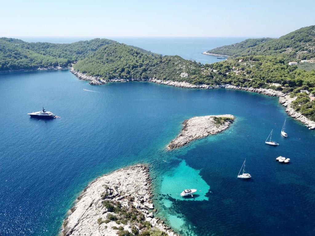 an aerial view of a bay with boats in the water at Accomodation STERMASI in Maranovići