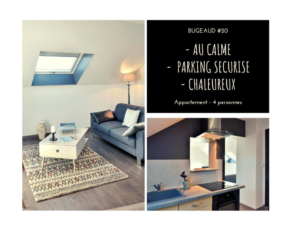 un collage de tres fotos de una sala de estar en BUGEAUD #4 - Appartement chaleureux - 4 personnes, en Brive-la-Gaillarde