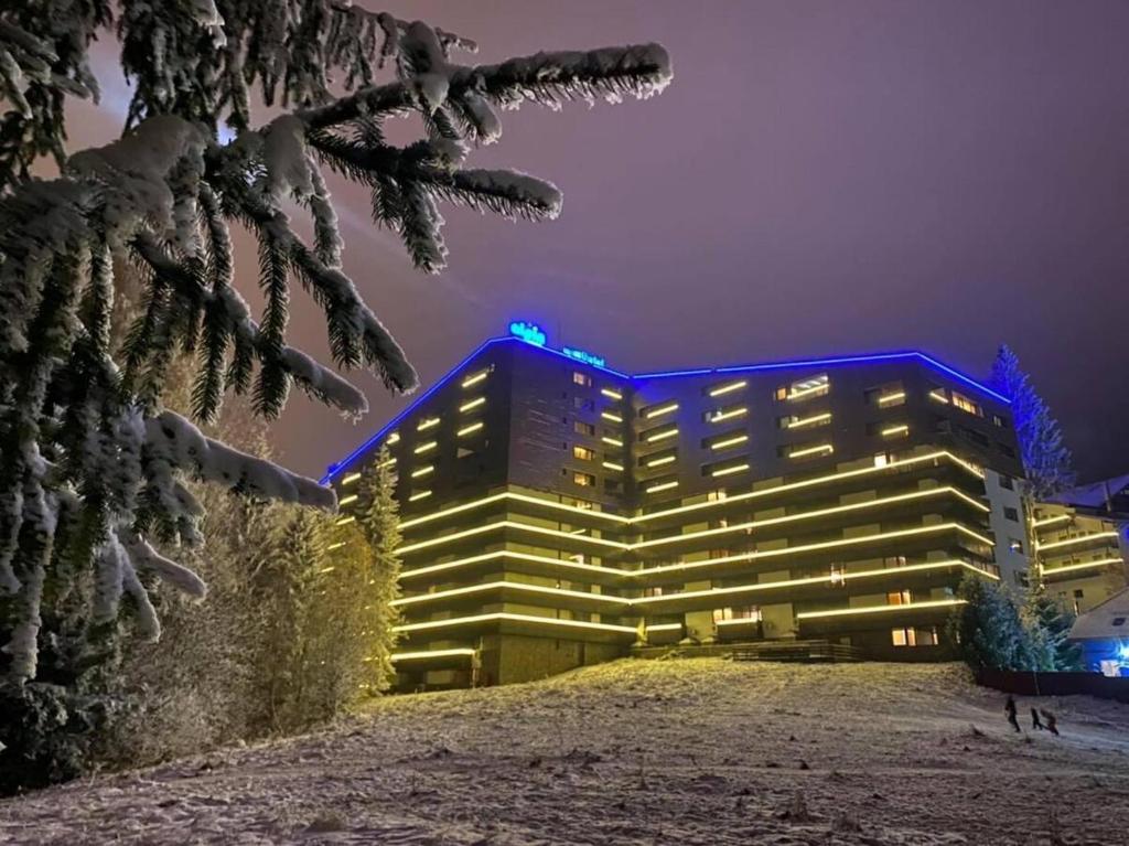 Alpin ApartHotel 2302 في بويانا براسوف: مبنى عليه انوار زرقاء في الليل