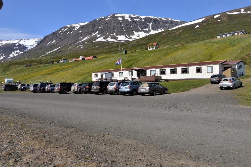a row of cars parked in front of a mountain at Sólbrekka Guesthouse in Mjóifjörður