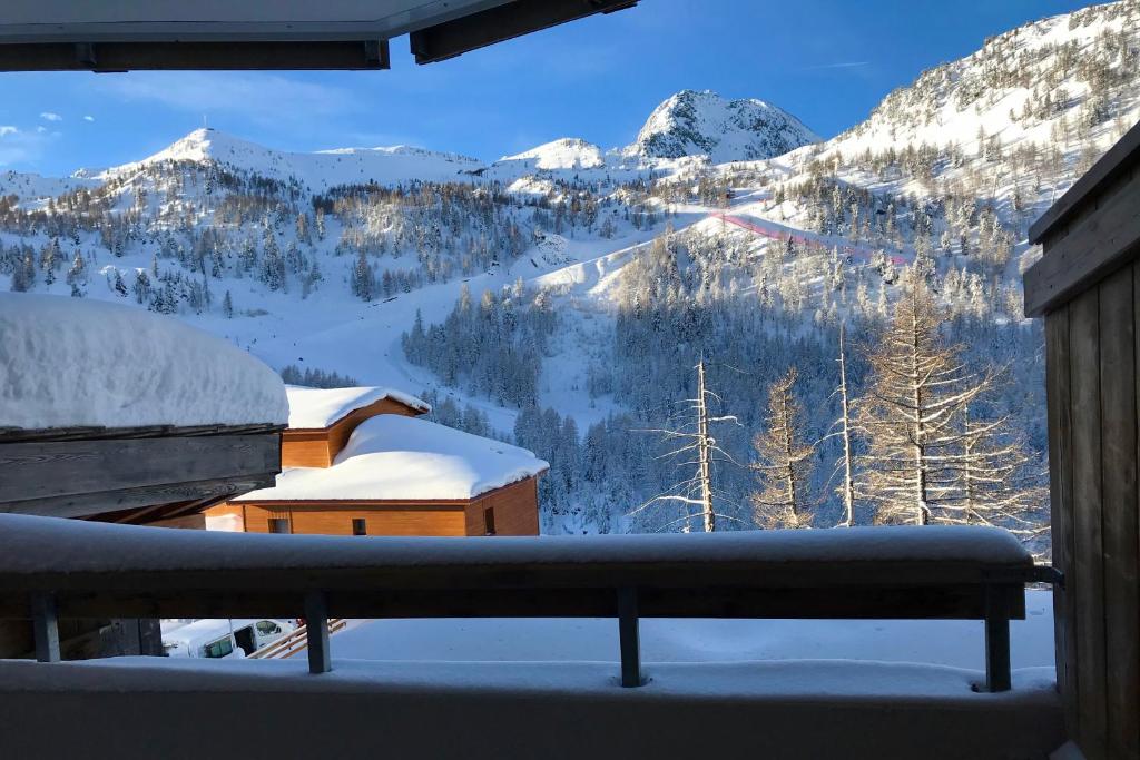 Blick auf einen schneebedeckten Berg aus dem Fenster in der Unterkunft Beau deux pièces Isola 2000 in Isola 2000