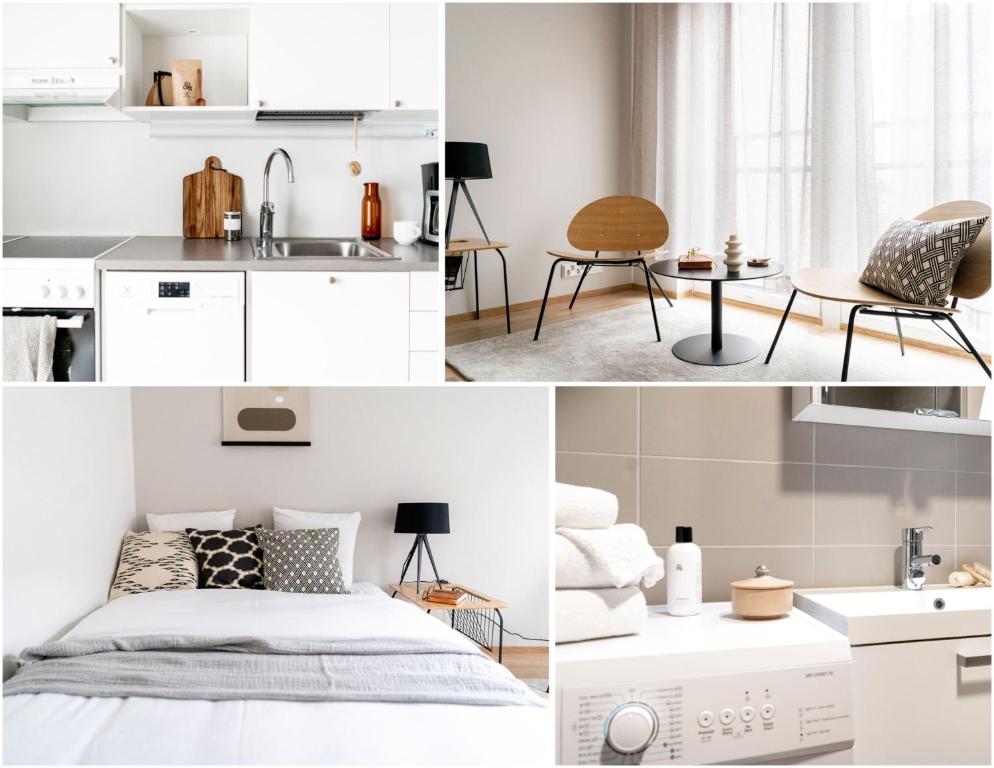 een collage van foto's van een keuken en een slaapkamer bij Roost Logomo in Turku
