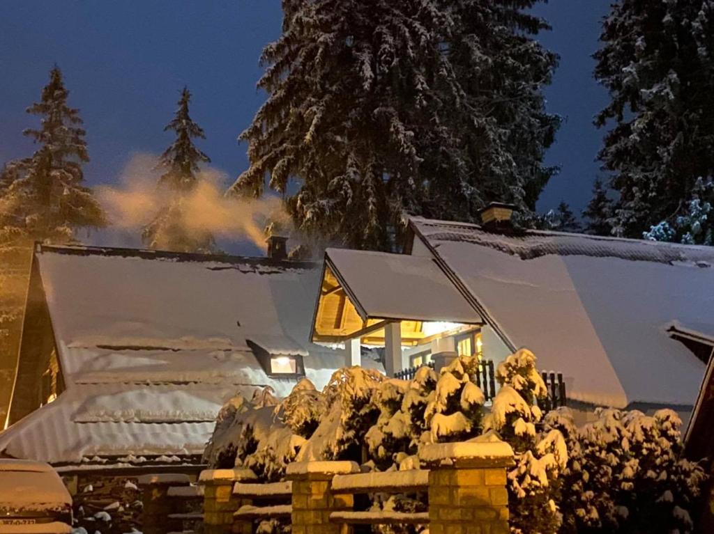 a house covered in snow at night at Vikendica ABASA Vlašić in Vlasic