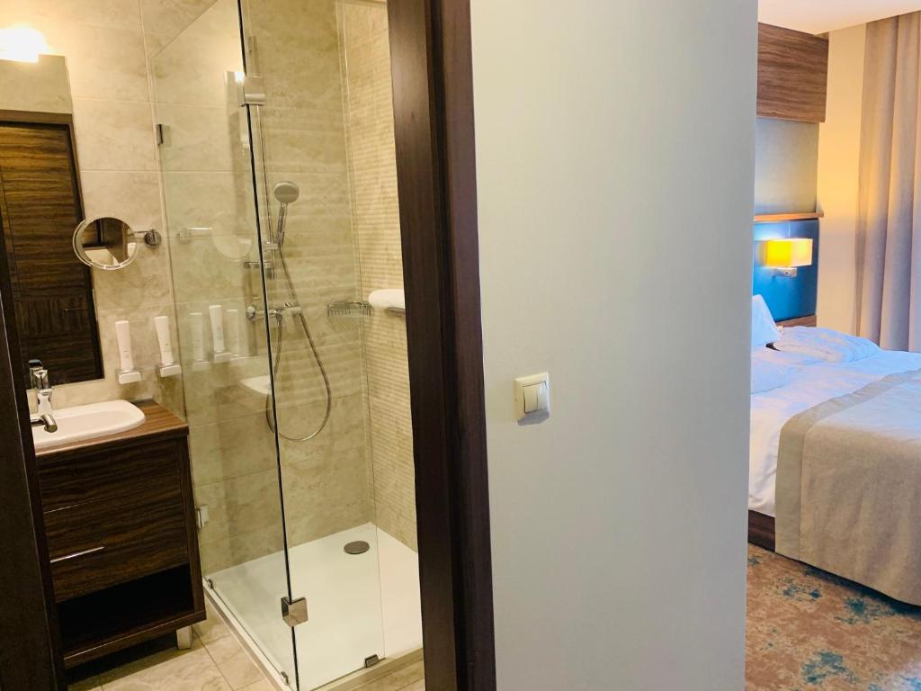 łazienka z prysznicem, umywalką i łóżkiem w obiekcie Barack Thermal Hotel and Spa w mieście Tiszakécske