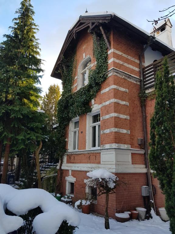 a brick house with ivy on the side of it at Willa Old House in Sopot