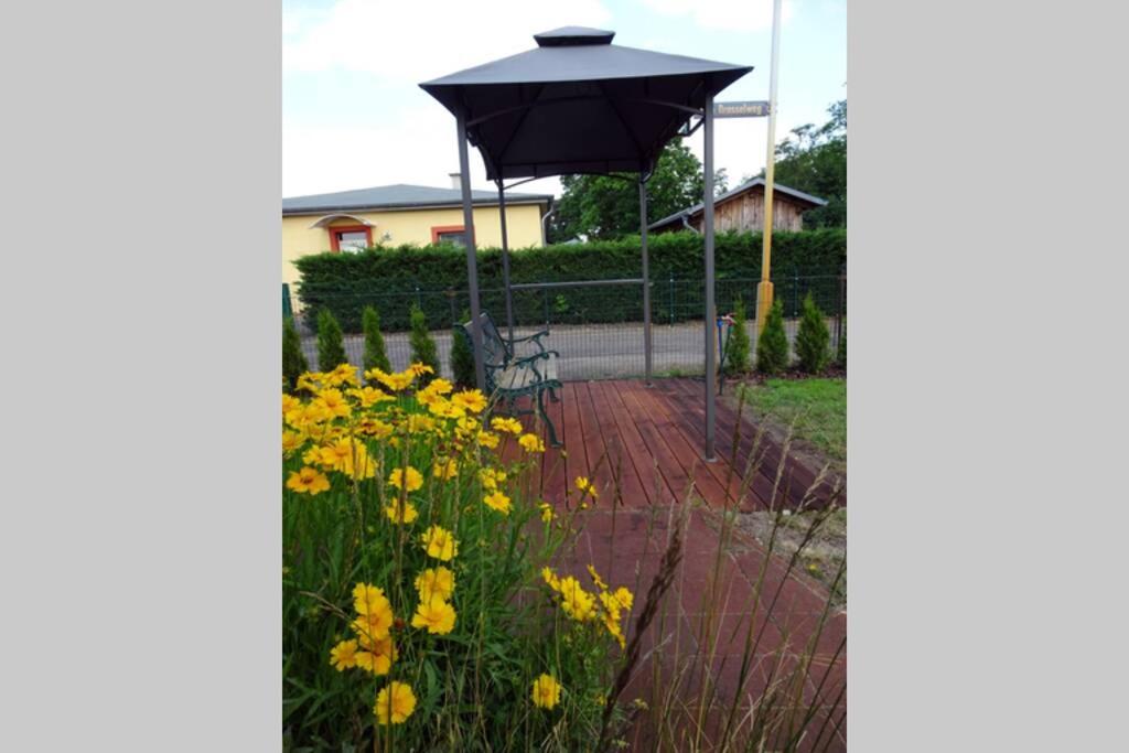 un jardín con sombrilla negra y flores amarillas en Ferienwohnung Dickes en Brandenburg