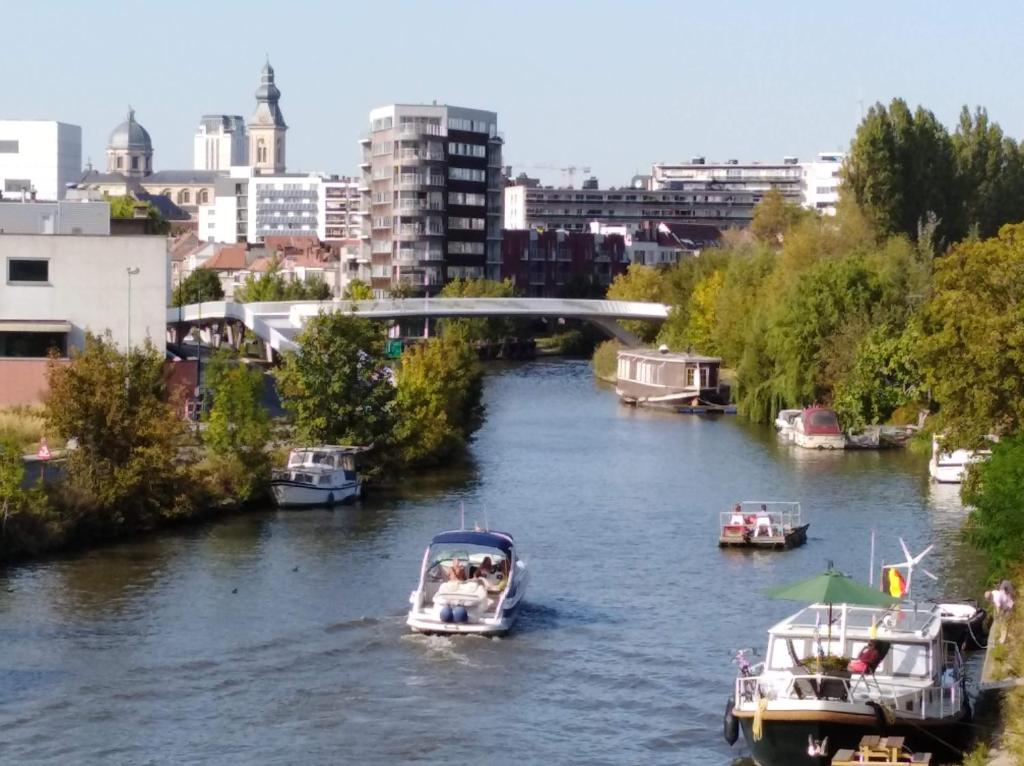 um grupo de barcos em um rio com uma ponte em Scheldepunt em Gent